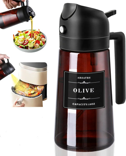 Glass Olive Oil Spray Bottle & Pourer — 2-in-1 UV-Blocking Brown Glass Oil Dispenser, 470ml / 16oz Eco-Friendly Kitchen Tool
