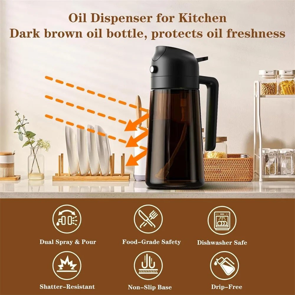 Glass Olive Oil Spray Bottle & Pourer — 2-in-1 UV-Blocking Brown Glass Oil Dispenser, 470ml / 16oz Eco-Friendly Kitchen Tool