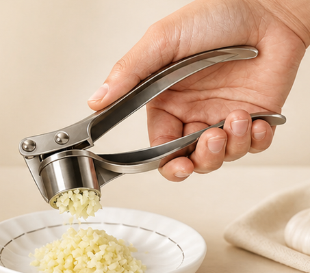 Heavy-Duty Zinc Alloy Garlic Press — Ergonomic Garlic Crusher & Mincer with Stainless Steel Blade